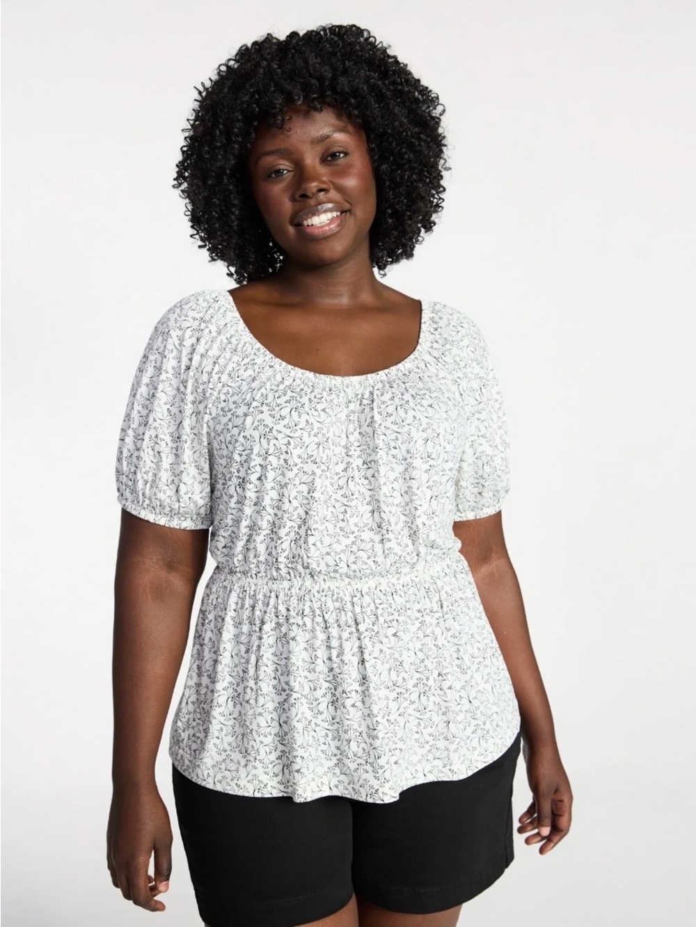 Terra & Sky White Floral Scoop-Neck Peplum Blouse
